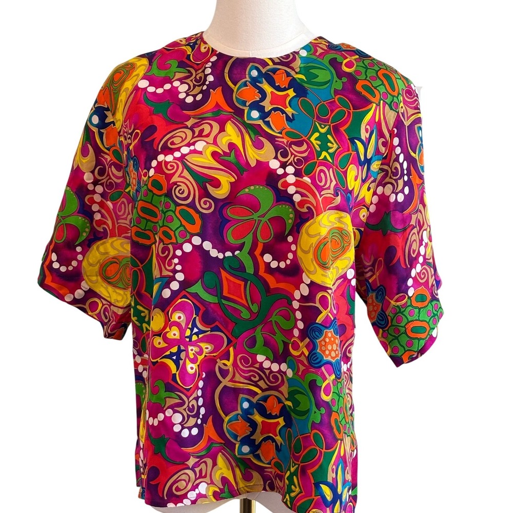 Pat‎ Argenti Blouse Multicolor Womens 6 Silk Psychedelic Abstract Short Sleeve
